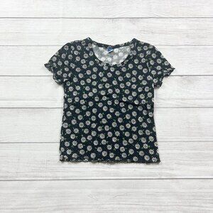 Old Navy Girls Top Black Daisy Print Lettuce Edge Short Sleeve Tee M 8